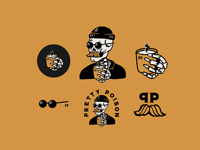 Pretty Poison Coffee logo variations apparel apparel design branding coffee brand coffee logo design devon designer icon design illustration logo skeleton skull stickers