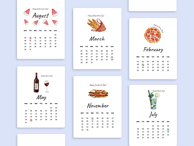 Watercolor illustrated Calendar baguette calendar design calendar ui calendar2021 food and beverage food and drink food illustration mojito pizza sandwich smallbusiness watercolor watercolor art watercolor illustration watercolor painting watermelon wine