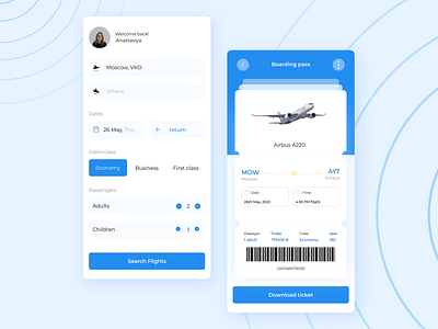 Plane tickets airline blue booking booking app card plane ticket ticket app ticket design travel ui ux white