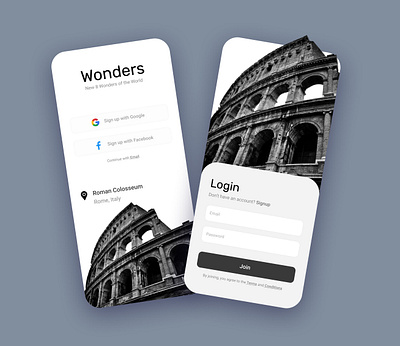 Signup/Login Concept | Wonders of the world app design apparel art branding concept concept art design dubaidesigner illustration login mobile app mobileappdesign signup typography ui uiux uiuxdesign vector wonders