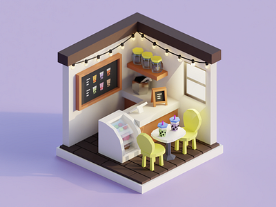 3D Boba Cafe 3d 3d art 3d cafe b3d blender blender3d boba boba tea bubble tea cafe cafe 3d cycles illustration isometric isometric art low poly low poly 3d low poly art