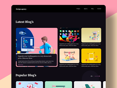 Blog page 3d app blog post blogger cinima 4d clean colors concept dark mode darktheme design grid illustration images landing page minimal page ui ux