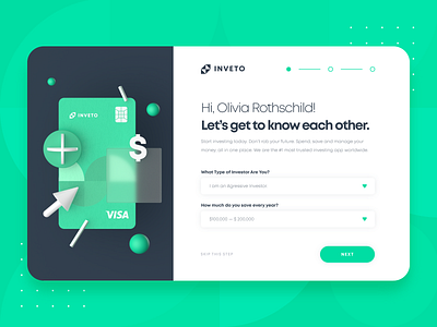 Fintech Banking Investing Onboarding UI/UX 3d app bank banking blockchain budgeting credit card finance fintech green illustration investing money onboarding startup ui user interaction ux web design website