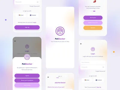 PetBacker Mobile apps branding clean design dog login mobile app pet product sign in signup splashscreen ui ux