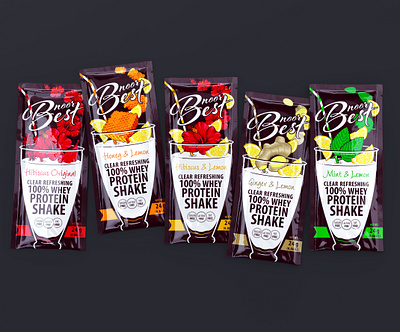 NOOR BEST — PROTEIN SHAKES brand branding cocktail design ginger hibiscus honey illustration karkade lemon logo mint packaging packaging design protein sachet shake trademark vector