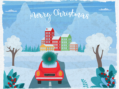 Winter road landscape with a small village in the mountains background car city cute design fir tree flat hand drawn illustration landscape merry christmas mountains new years pine tree road snow snowfall vector village winter