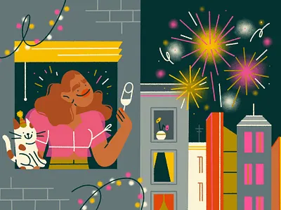 happy new year 🎆 2021 celebration character character design city fireworks girl happy new year holidays illustration new year night