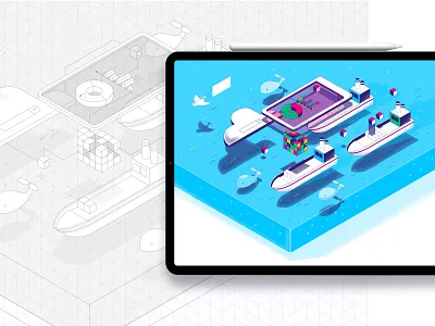 Isometric infographics with textures. boath cloud concept container illustration infographic interaction model network platform sea search tablet texture ux vector