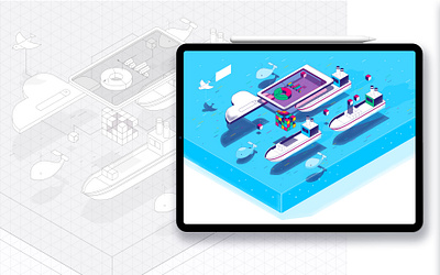 Isometric infographics with textures. boath cloud concept container illustration infographic interaction model network platform sea search tablet texture ux vector