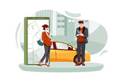 Taxi Service Scene Illustration concept book business car sharing carsharing delivery destination drive driver gps mobile app navigation parking rent ride road share sharing car transfer uber yellow