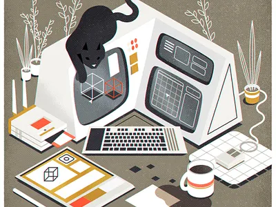 Retrofuturistic workstation (+ cat) cat computer illustration illustrator minimalist retro texture vector workstation