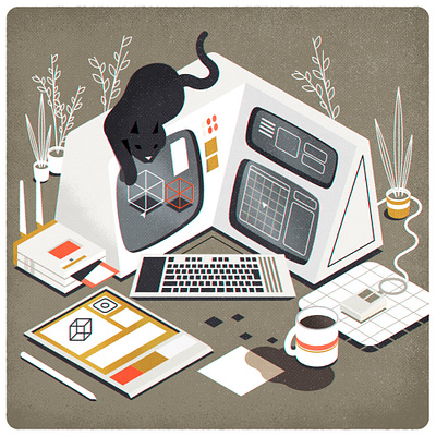 Retrofuturistic workstation (+ cat) cat computer illustration illustrator minimalist retro texture vector workstation