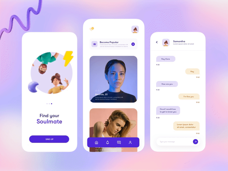 Dating App after effects animation app branding clean dating design gif graphic graphic design illustration interaction interaction design microinteraction minimal mobile modern motion purple ui animation