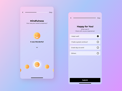 Feedback screen black button checklist colors emojis experience feedback gradient mobile app mobile app design mobile ui pagination pink purple screens