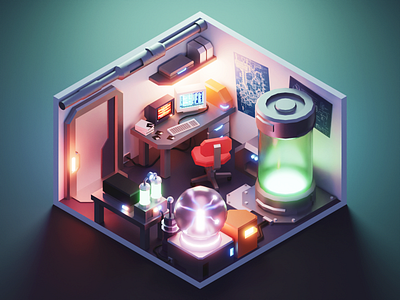 Scientist Lair 3d blender diorama illustration isometric low poly lowpoly lowpolyart render room science scifi