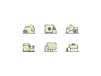 Business & Finance Icon business calendar clock envelope finance fintech green icon line money outline padlock safe suitcase wallet