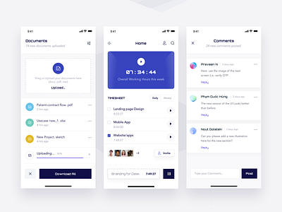 Tracker App 3d app branding cards clean comments dashboard design documents download gradient ios list minimal mockup time tracker typography ui upload