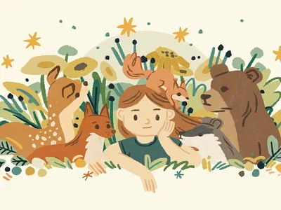 Forest dreams bear botanical character childrens book childrens illustration deer digital painting forest fox girl illustration ipadpro nature plants procreate racoon squirrel wild woods