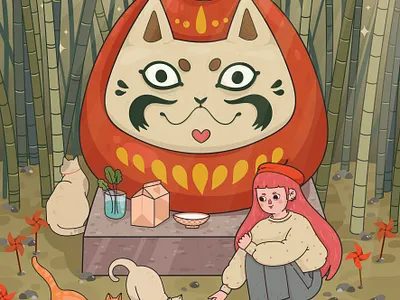 Daruma Forest bamboo cat character character design cute daruma design forest girl illustration japan milk vector
