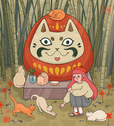 Daruma Forest bamboo cat character character design cute daruma design forest girl illustration japan milk vector