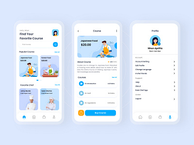 Chef App (Food Course App) app app design blue chef chef app course app courses education education app educational food app food course learning app learning platform online course study studying ui ux uidesign yellow