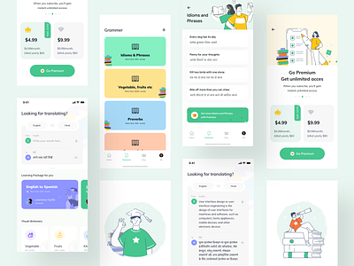 Language Learning App Screens components course app dictionary dictionary app education app grammar app illustraion language language app language school learning app learning english learning platform mobile app design offline dictionary onboarding screens online school premium screen translation trendy design