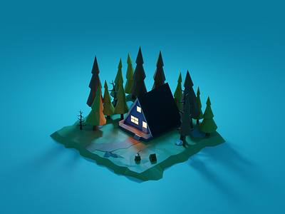 Cabin in the woods (night) 3d 3dillustration blender blender3d cabin design diorama illustraion isometric low poly lowpoly lowpolyart render