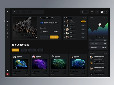 NFT Market Arts UX/UI auction bitcoin crypto cryptoart cryptocurrency dark darktheme dashboard design marketplace nft nft arts nft market nftmarketplace nfts ui ui design ux design uxuinft web 3.0