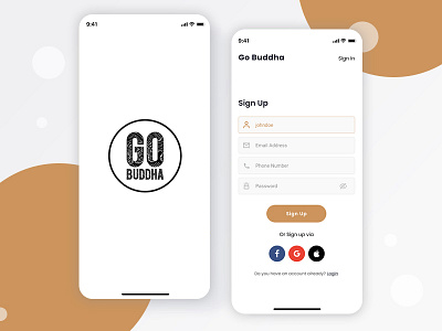 Go Buddha - Splash & Login Screen adobe photoshop adobe xd app figma login ux ui uxdesign uxui wireframing xd