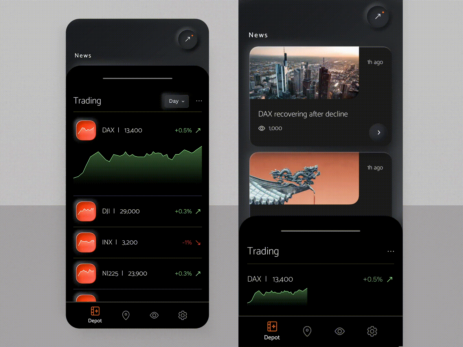 #61 Trade Skeuomorphic GIF 🏙️⛩️ | 99+ Days in the Lab animation buttons dark mode dark theme exchange gif orange skeuomorph skeuomorphic stock trade transition