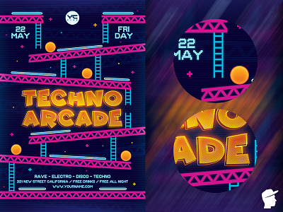 Techno Arcade New 5 Flyer Template 90s abstract arcade arcade game bundle club concert daminda dance dj edm electro electronic festival flyer games instrument music neon neon light