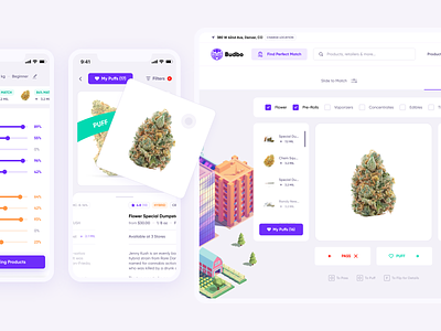 Budbo - Discover & Match cannabis dashboard e-commerce mobile product product design responsive shopping slider sliding store swipe swiping tinder ui ux web app weed