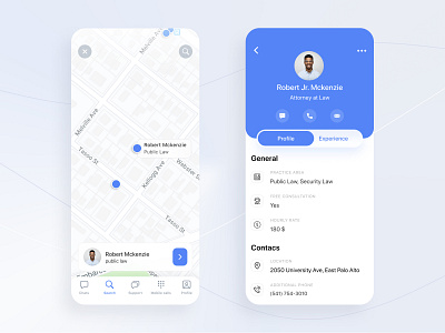 Pocket lawyer iOS app app b2c blue cards clear consultant ios law lawer map menu minimal mobile profile search selector ui ux