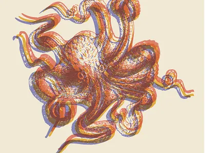 Kraken animal art print brick red coral illustration mustard yellow ocean octopus offset overlapping overlay periwinkle screenprint sea creature transparency vintage illustration