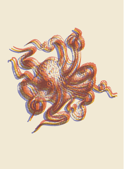 Kraken animal art print brick red coral illustration mustard yellow ocean octopus offset overlapping overlay periwinkle screenprint sea creature transparency vintage illustration