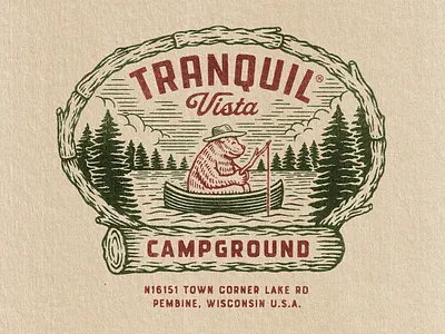 Tranquil Vista Campground badge bear branding campgrounds camping design graphic design illustration lake lockup logo retro tranquil vista travis pietsch tshirt vintage woodcut