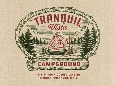 Tranquil Vista Campground badge bear branding campgrounds camping design graphic design illustration lake lockup logo retro tranquil vista travis pietsch tshirt vintage woodcut