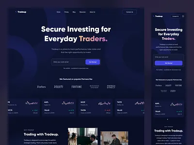 Tradeup - Landing Page chart dark design finance fintech invest investment landing page money purple responsive stock trade trading ui uidesign ux uxdesign web web design