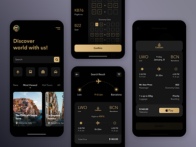 Traveling App - Mobile App app black design discover fly gold ios location lviv mobile place plane results seat ticket travel traveling ui ukraine ux