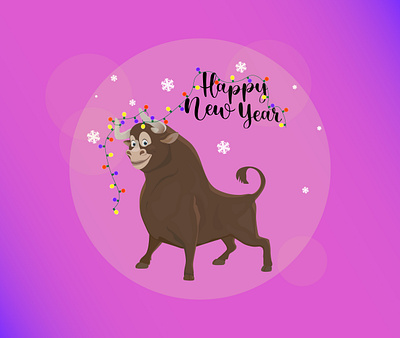 New year bull branding bull cartoon character characterdesign design garlands illustration inscription lettering new year postcard simbol 2021 snowflike vector