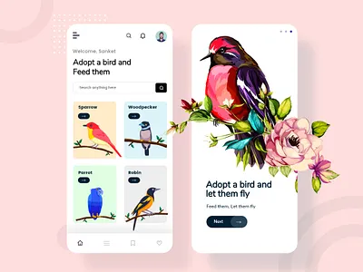 Feed The Bird App Exploration adopt adopt a bird adoption bird app bird vector clean ui feed a bird indianpix minimal onboarding robin sanket simple