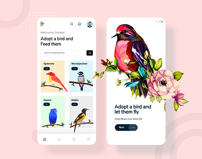 Feed The Bird App Exploration adopt adopt a bird adoption bird app bird vector clean ui feed a bird indianpix minimal onboarding robin sanket simple