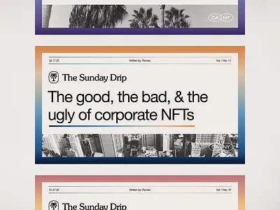 The Sunday Drip article blog brand branding city crypto culture design digital future gradient icon layout news nft ocean palm tree photo typography web3