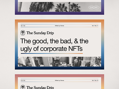The Sunday Drip article blog brand branding city crypto culture design digital future gradient icon layout news nft ocean palm tree photo typography web3