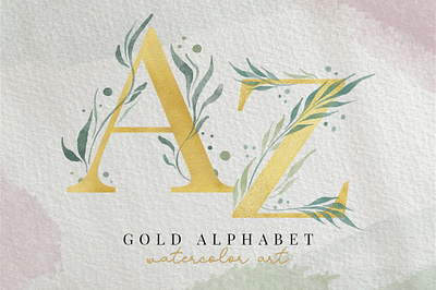 SET - Gold alphabet with leaf watercolor letters A to Z alphabet branch design draw font glitter golden illustration letter painting serif text typography