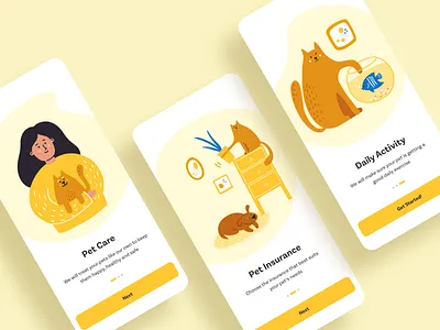 Pet Care Mobile App | Onboarding animal app cat dog graphic design illustration ios design pet app pets ui ux yellow