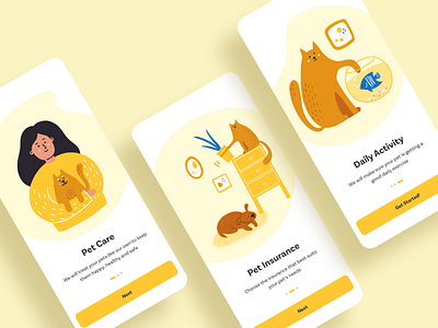 Pet Care Mobile App | Onboarding animal app cat dog graphic design illustration ios design pet app pets ui ux yellow