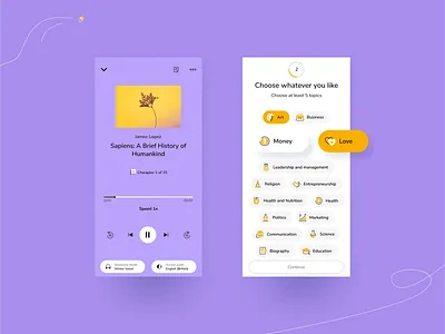 Topic selection and Player for book app. app audio audio book audio player book book app bubble card category chips listen mobile music play player select tag video player