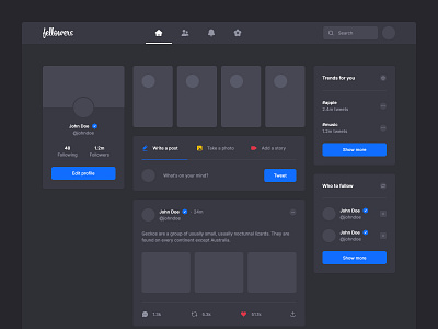 Fellowers - Ultimate Microblogging Platform (Dark Mode) community dark mode dark theme dark ui discussions facebook instagram microblogging post social app social media social network social platform tweet twitter