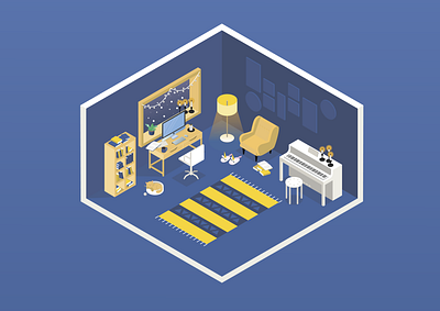 Cozy isometric place adobe illustrator ikea illustration isometric art piano room slippers vector winter